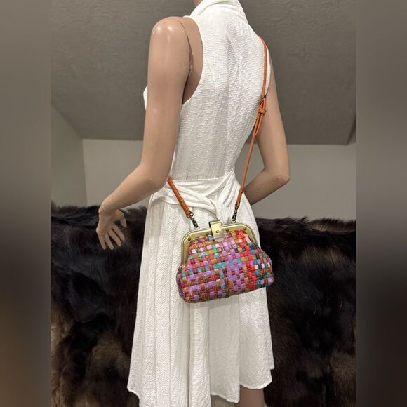 Colorful Woven Cowhide Leather Retro Metal Frame & Push Lock Handbag, Crossbody - Picture 7 of 16
